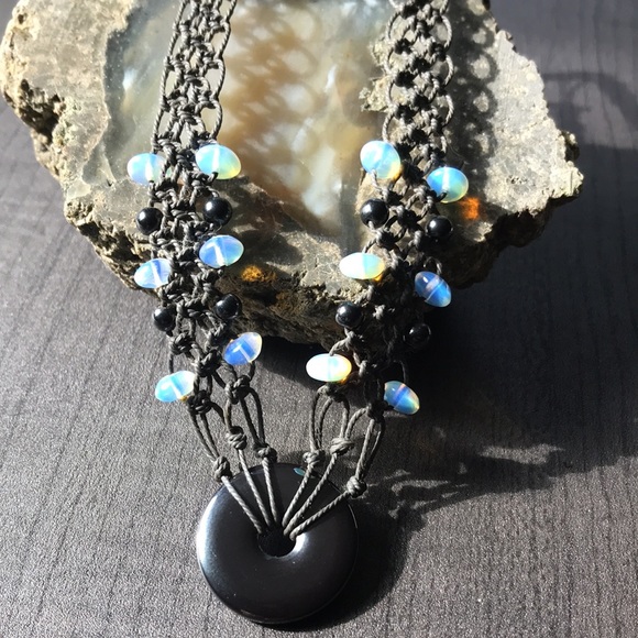Handmade Macramé Hematite and Opalite Beaded Necklace/Choker - Picture 9 of 9